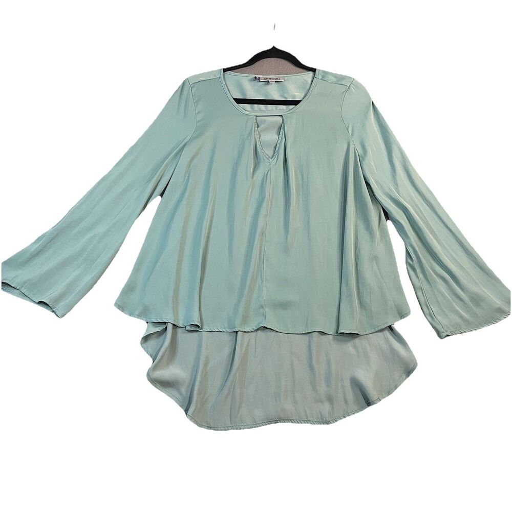 Jennifer Lopez Teal Blue Long Flare Sleeve V Neck Satin Hi Low Top Womens Size S